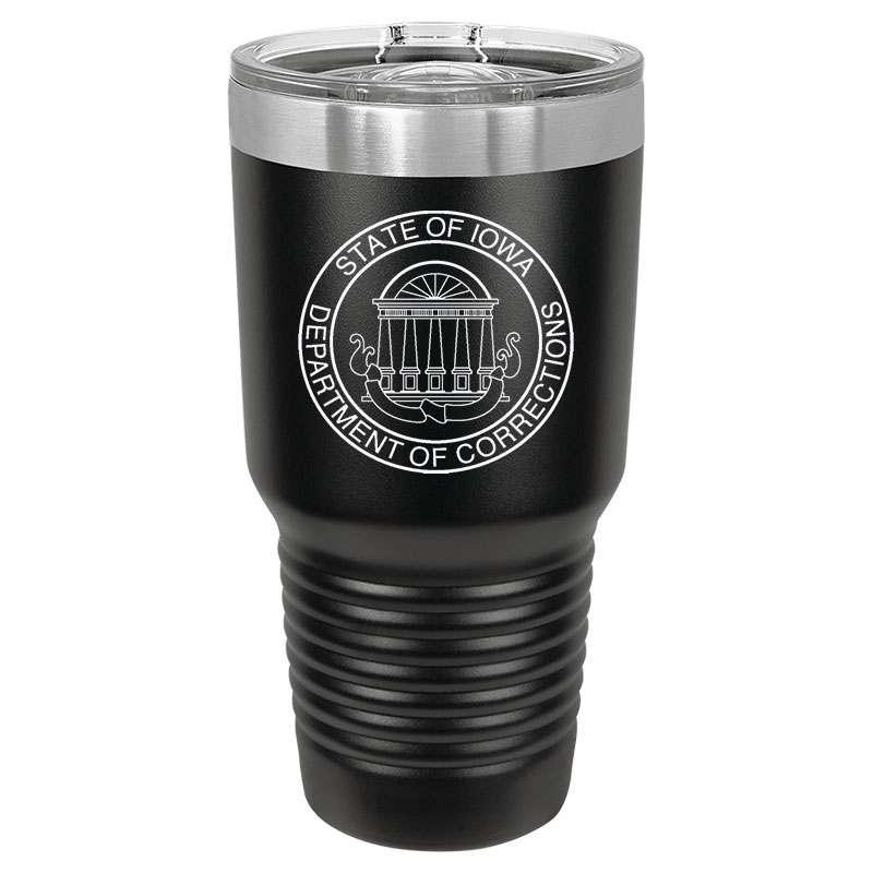 Black Polar Camel 30oz tumbler with engraved silver Iowa DOC logo on front